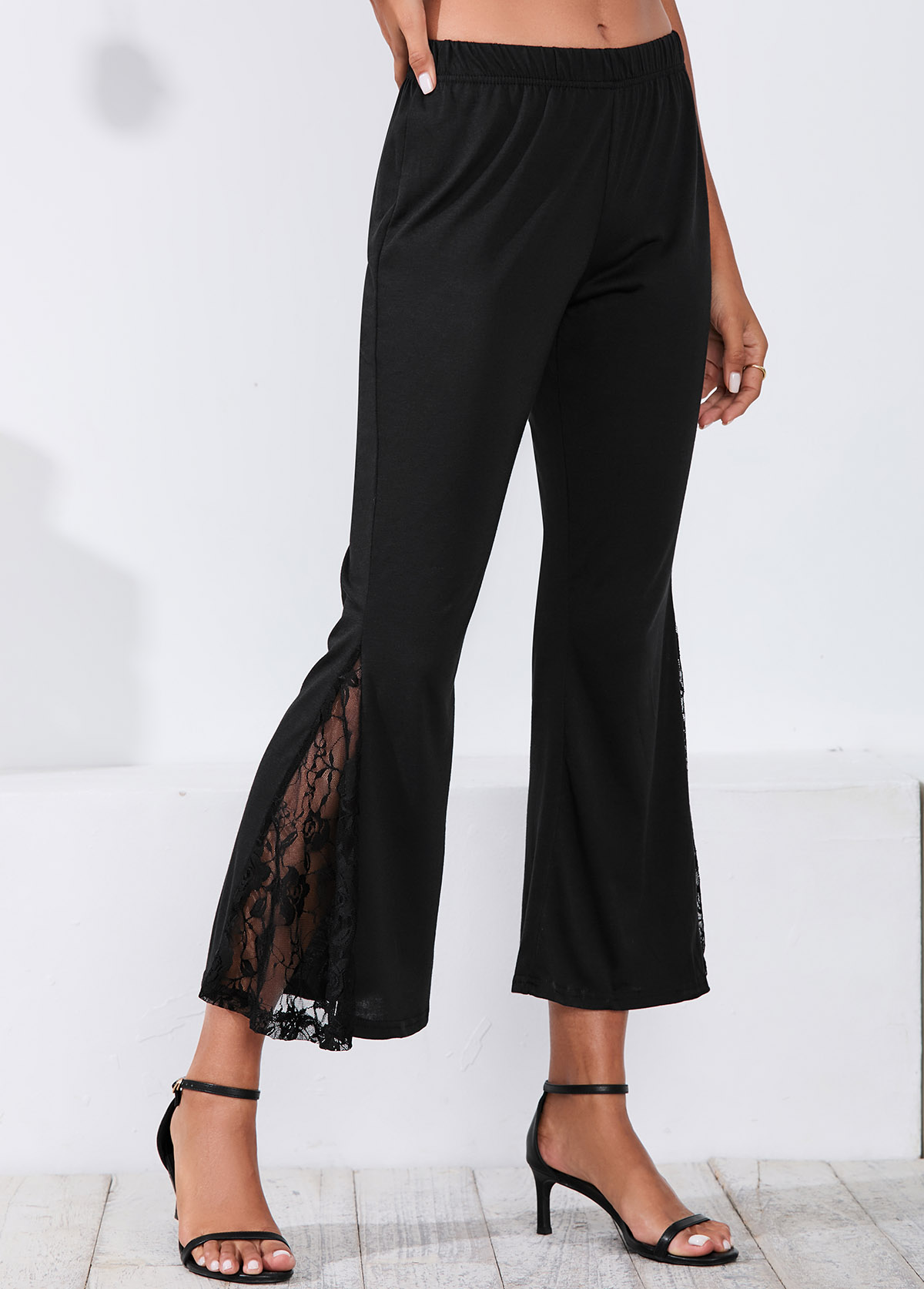 Lace Stitching Black Mid Waist Flare Pants