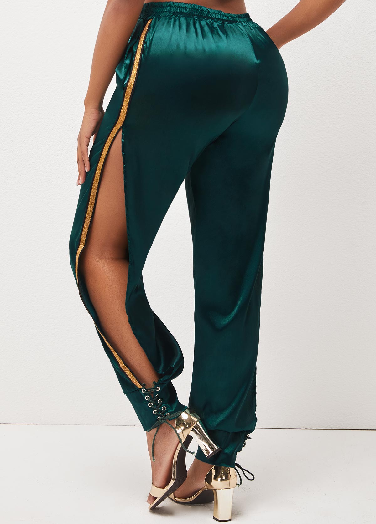 Lace Up Side Slit Dark Green Pants