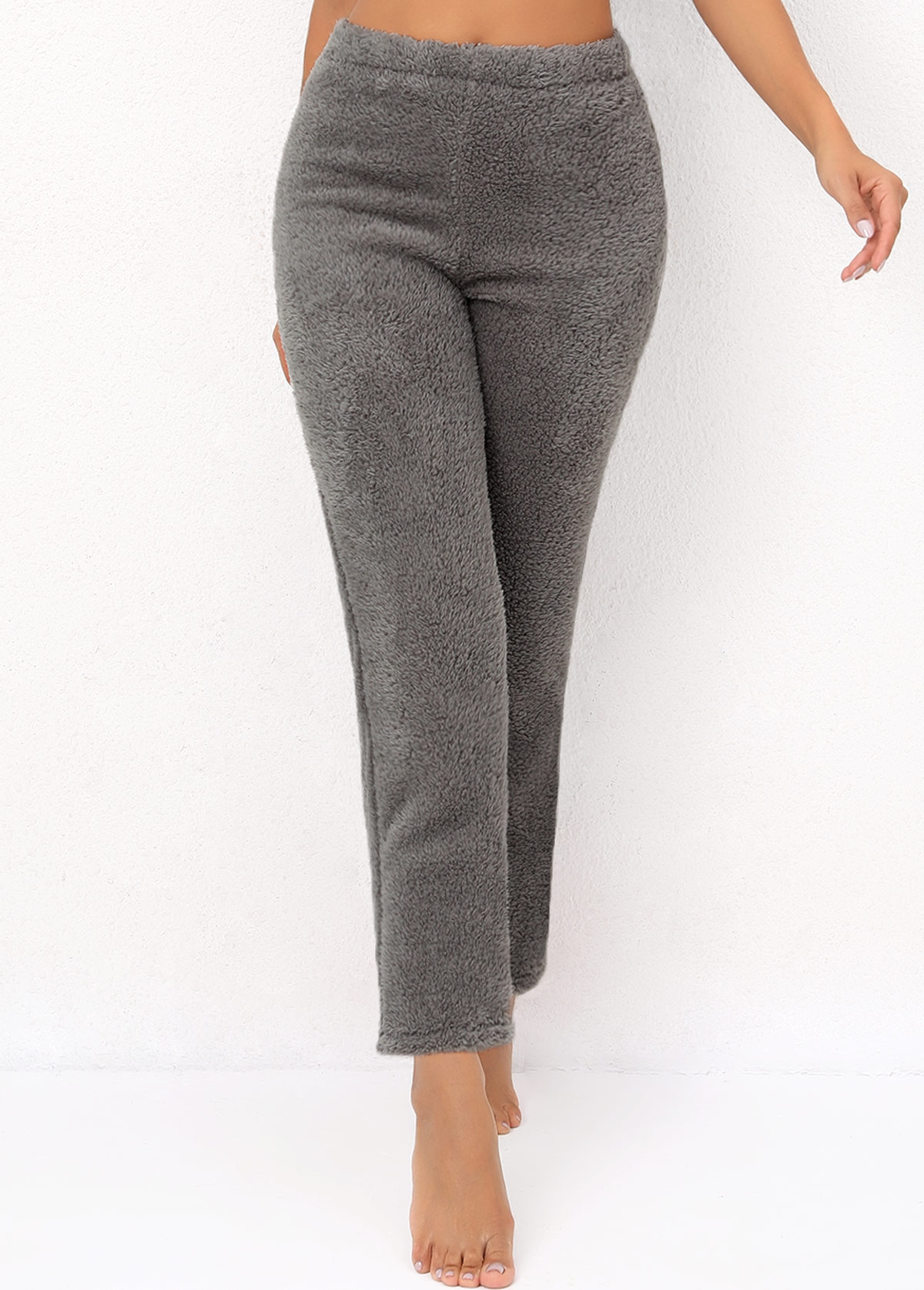 Grey Elastic Waist High Waisted Plush Pants