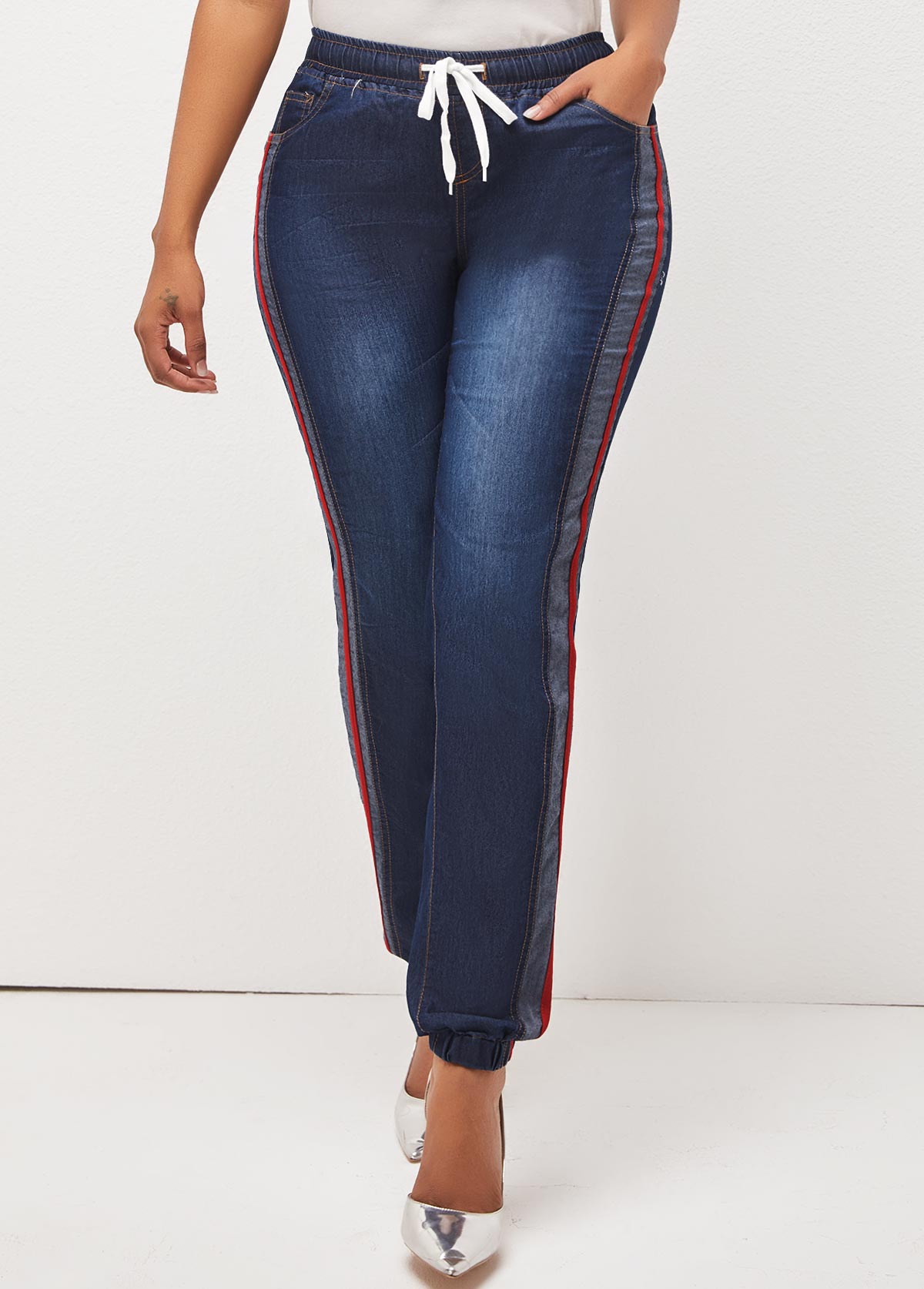 Drawstring Waist Pocket Denim Blue Jeans