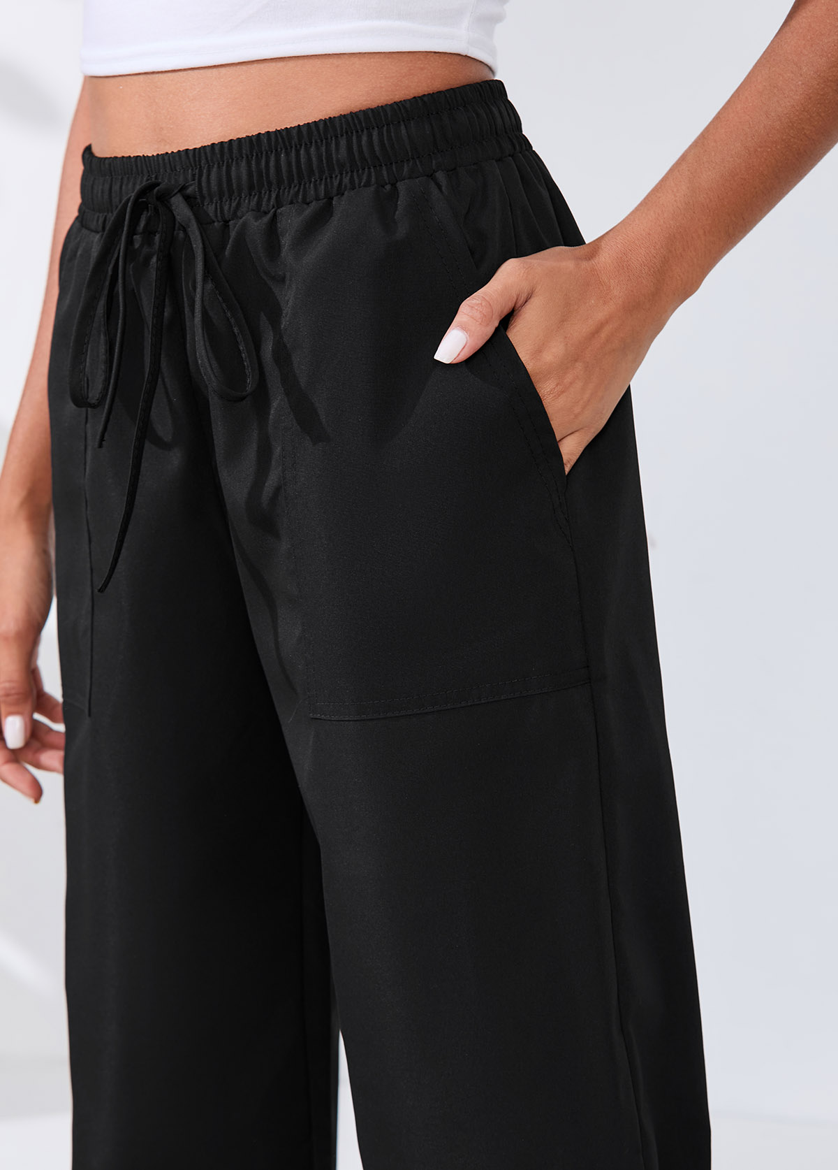 Black Drawstring Waist Double Side Pockets Pants