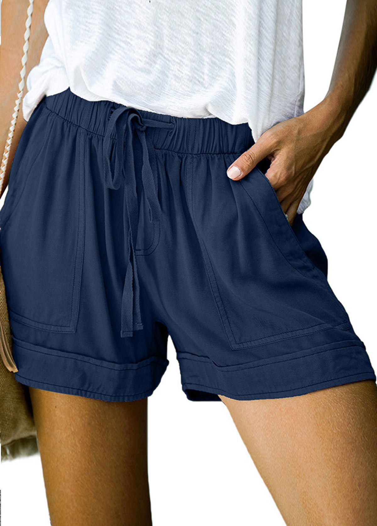 Pocket Detail Elastic Waist Solid Shorts