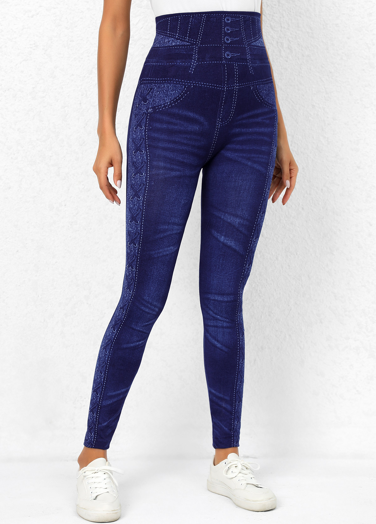 Printed Denim Blue High Waisted Leggings