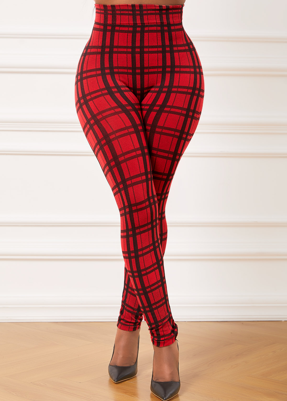 Plaid Red Elastic Waist High Waisted Leggings