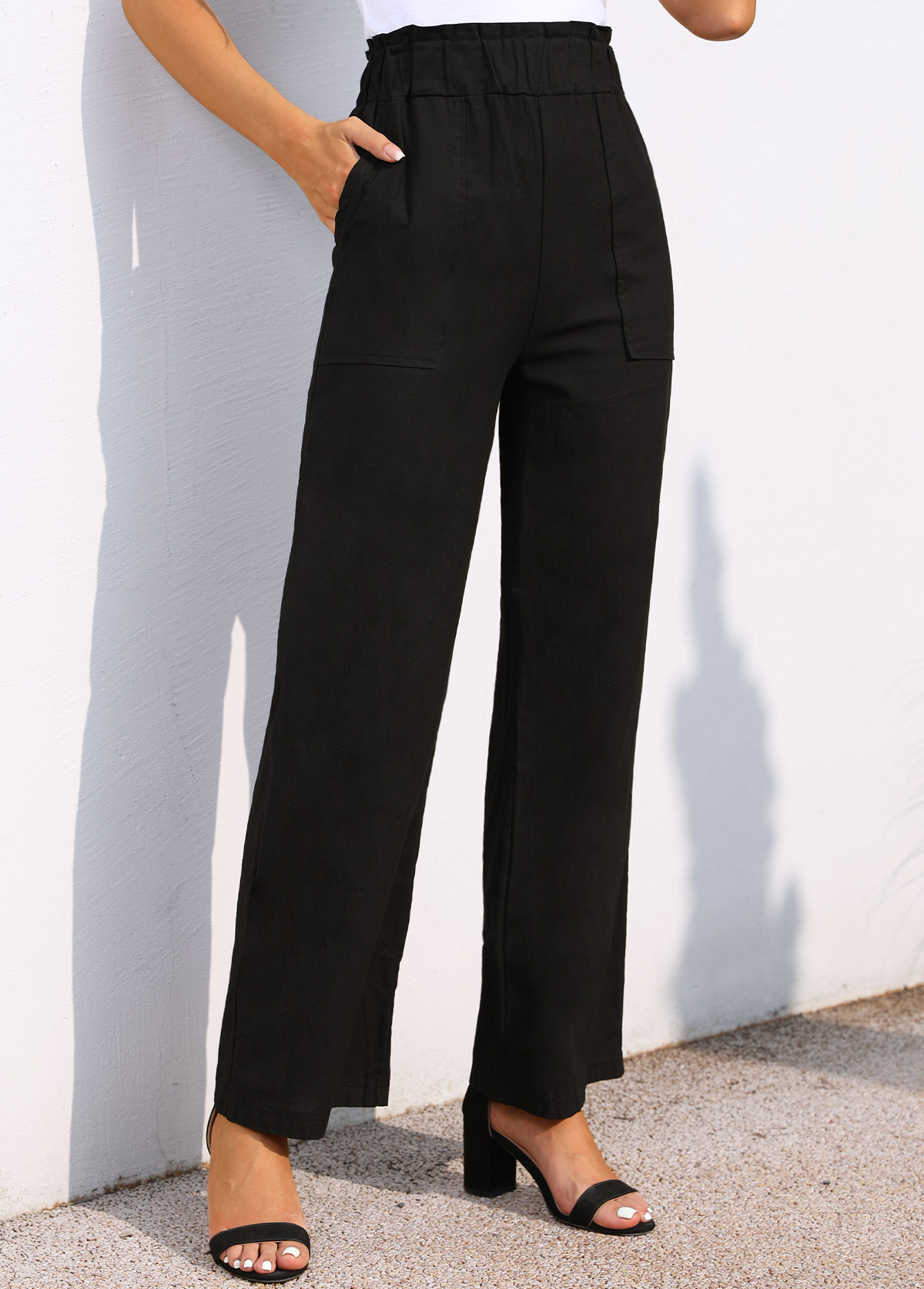 Pocket Wide Leg Black Elastic Waist Pants