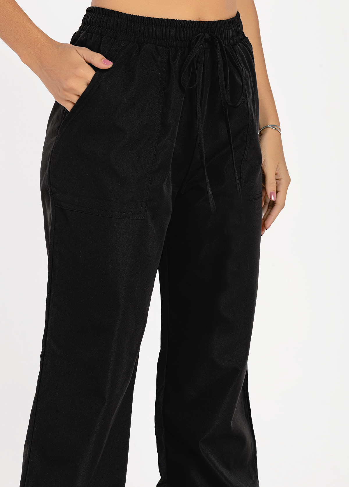 High Waisted Pocket Tie Front Black Pants
