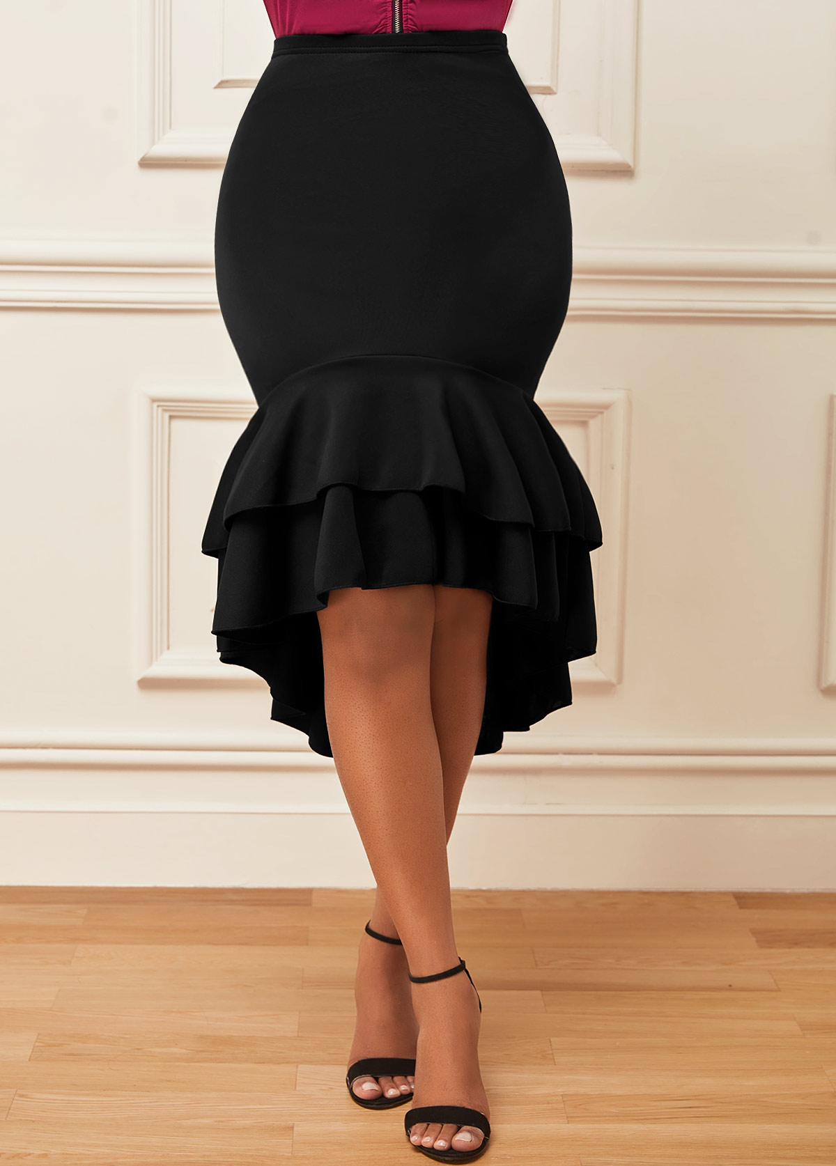 Layered Dip Hem High Waist Black Mermaid Skirt