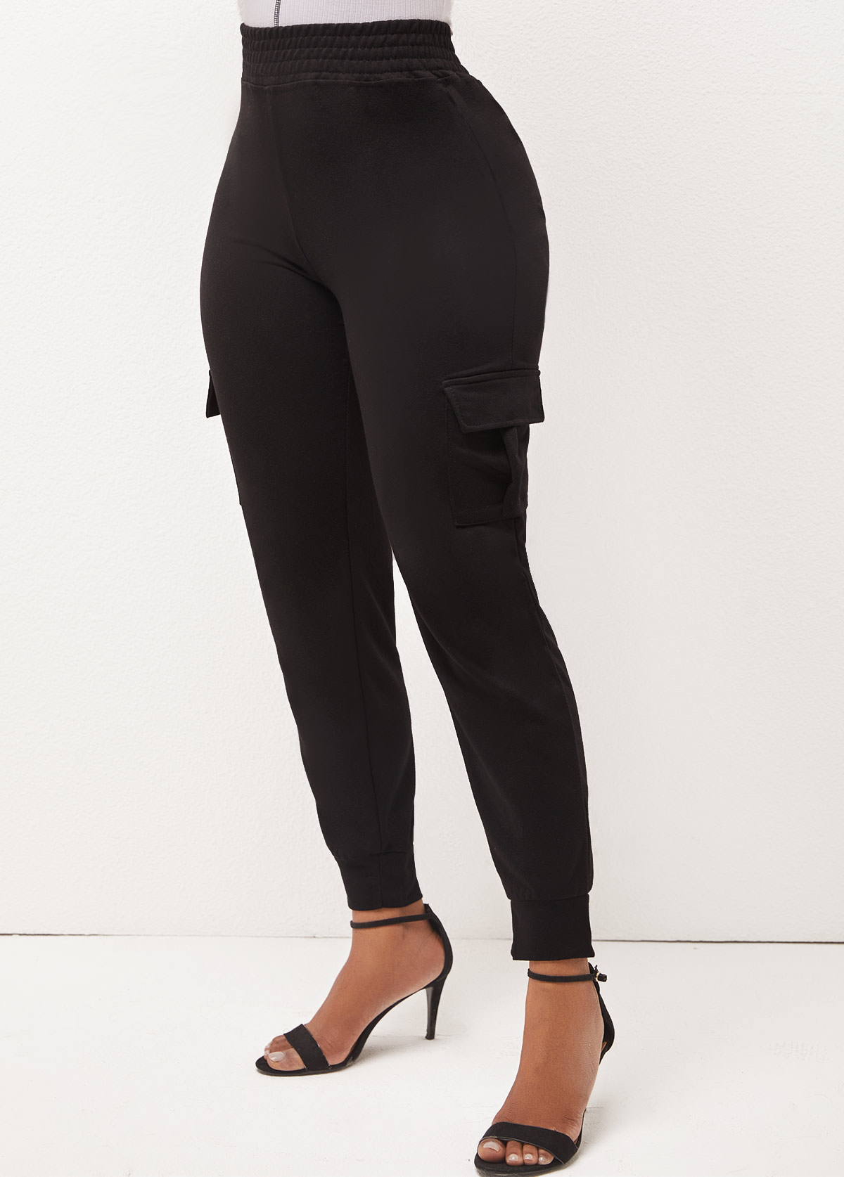 High Waist Black Elastic Detail Pockets Pants