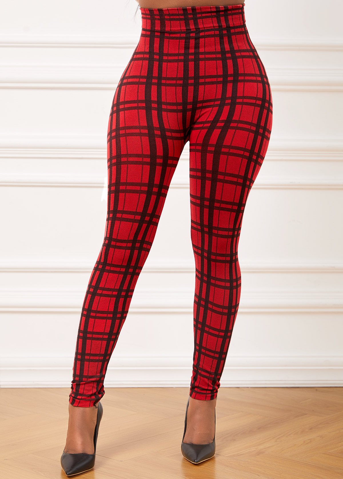 Plaid Red Elastic Waist High Waisted Leggings