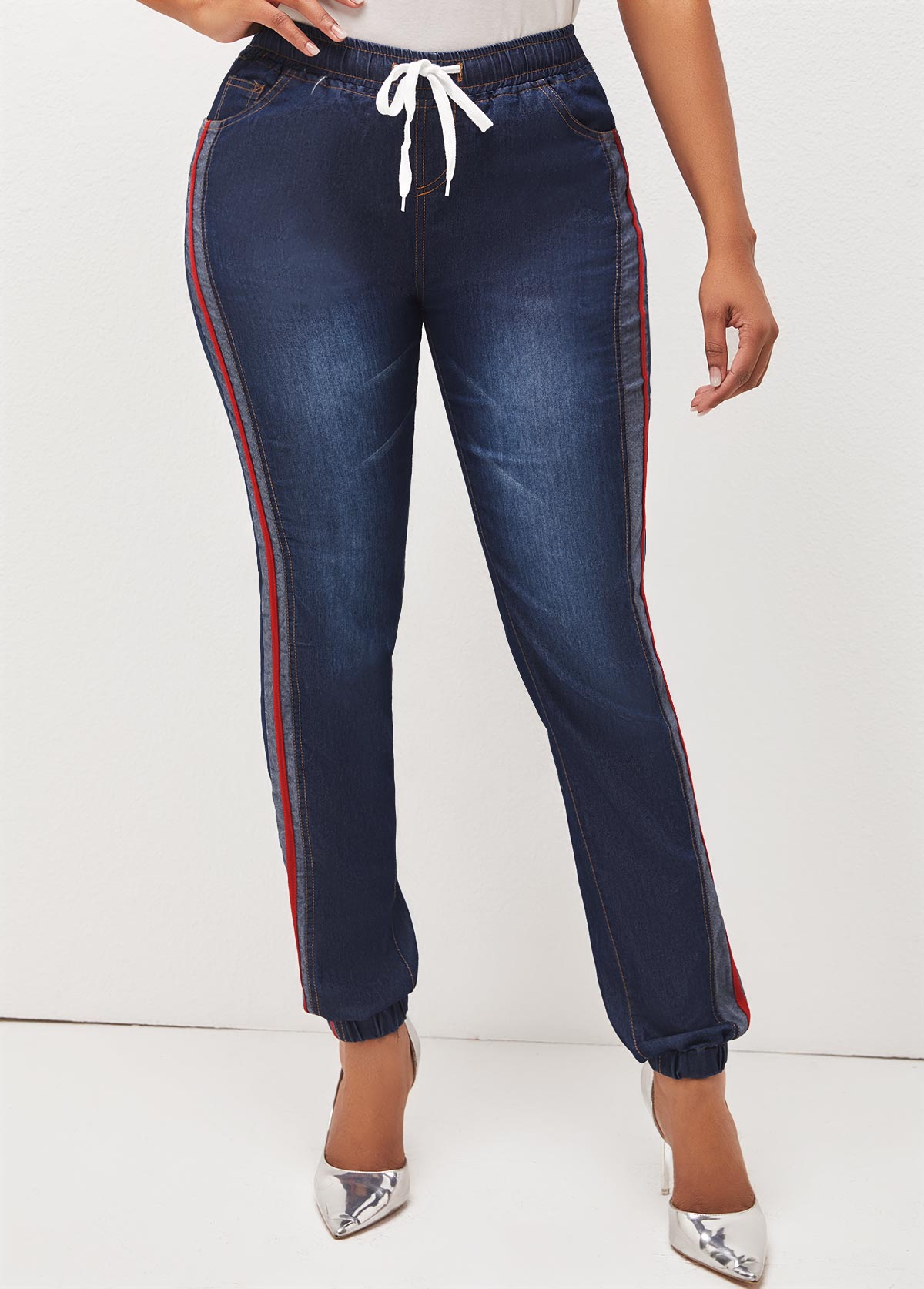 Drawstring Waist Pocket Denim Blue Jeans