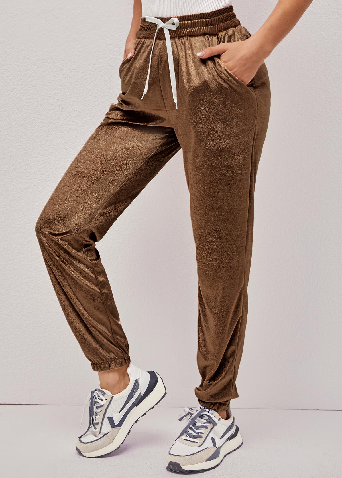 Double Side Pockets Khaki Drawstring Waist Pants