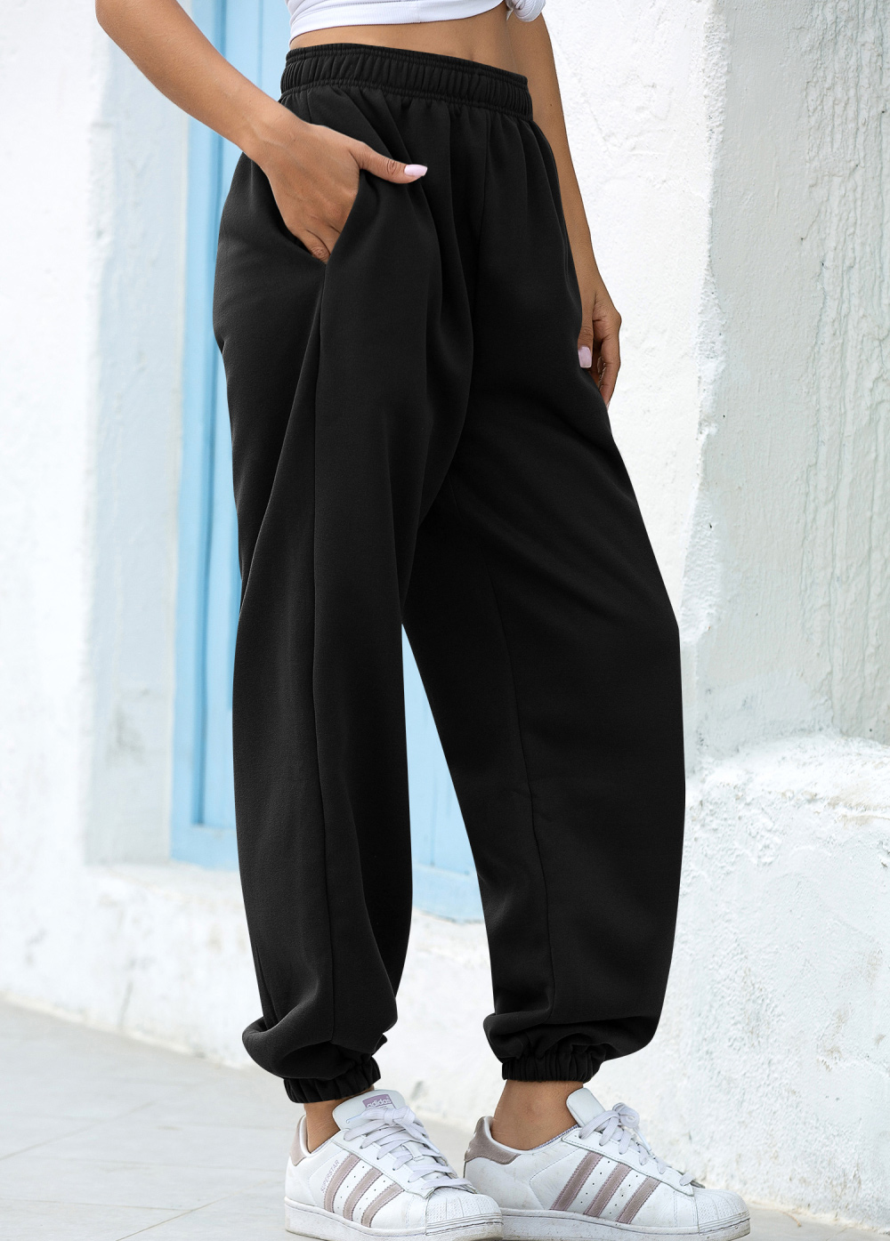 Black Elastic Design High Waisted Pocket Jogger Pants