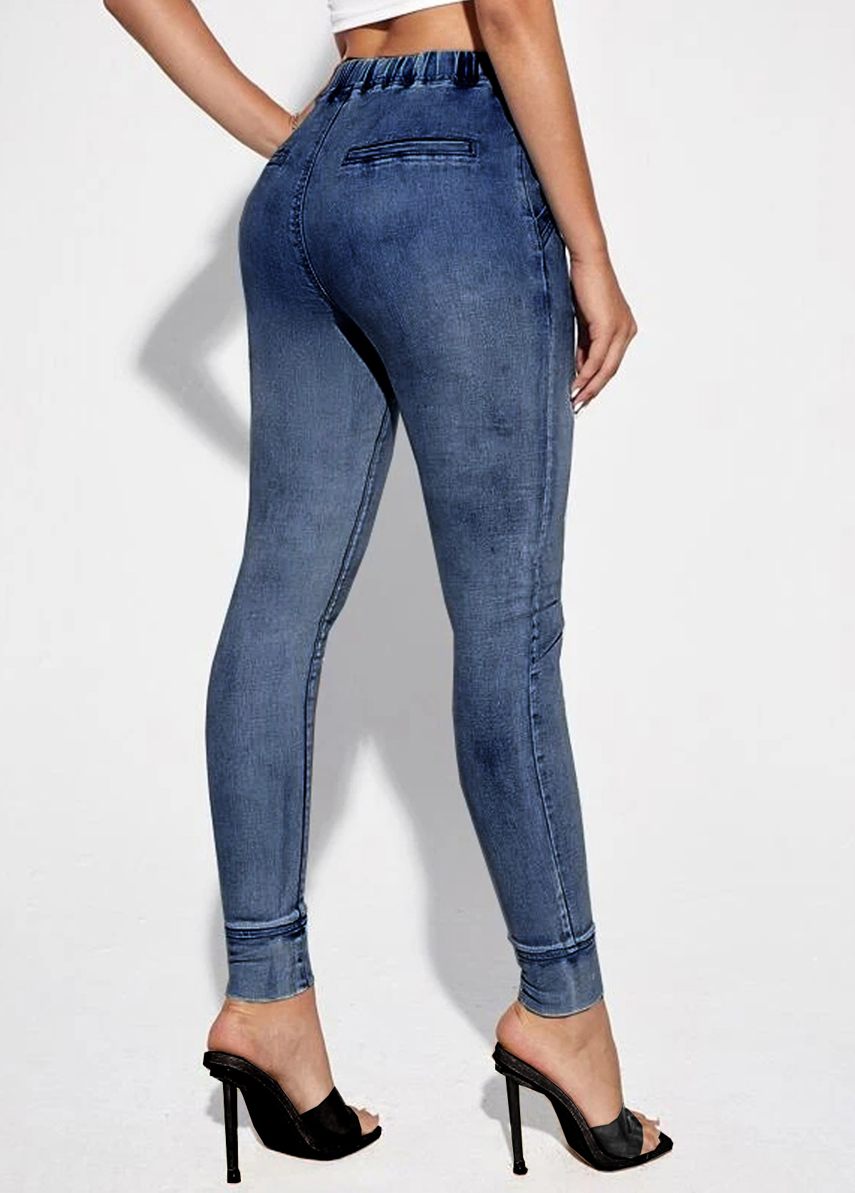 Denim Blue Drawstring Detail Mid Waist Jeans