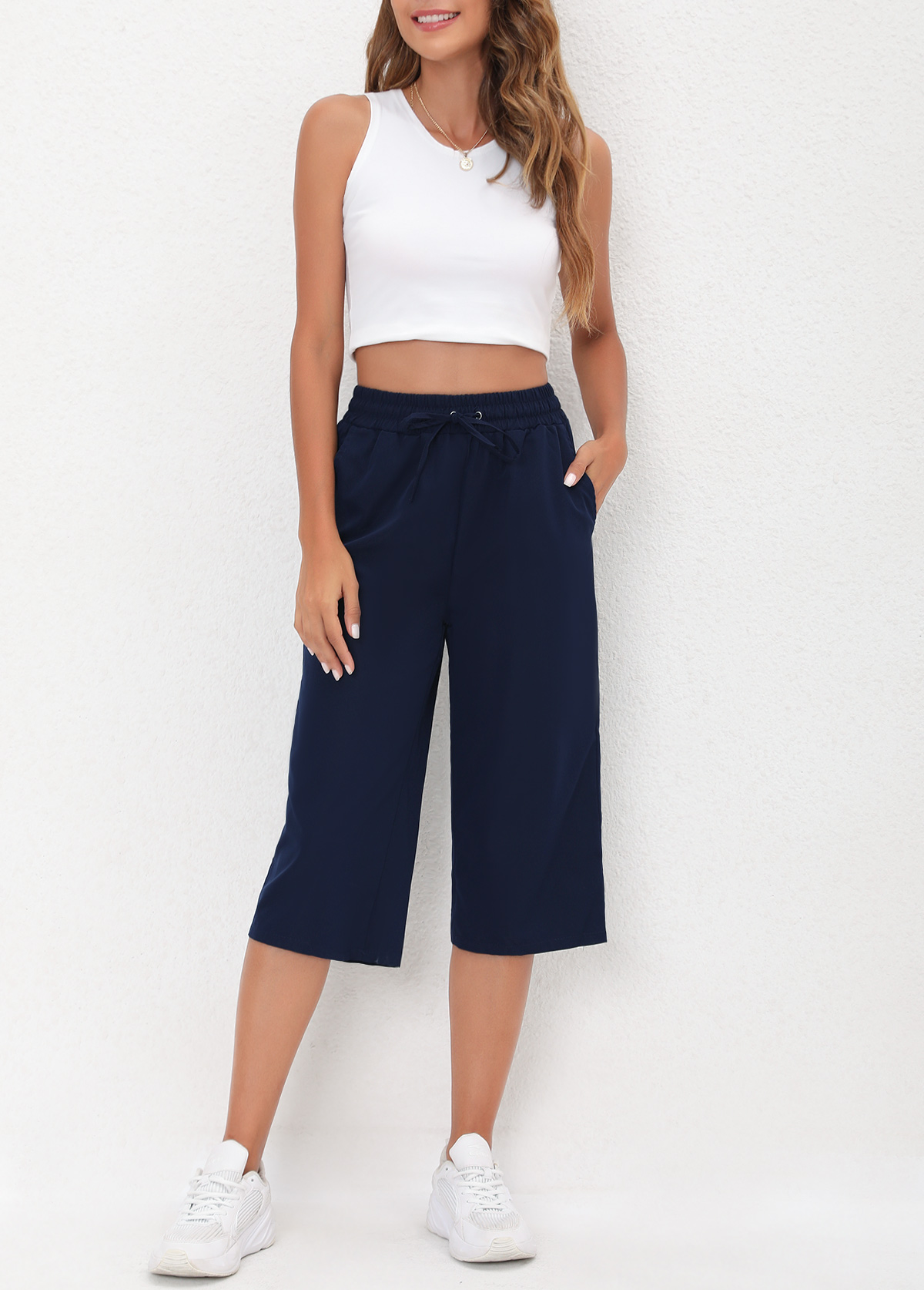 Drawstring High Waisted Navy Blue Pants