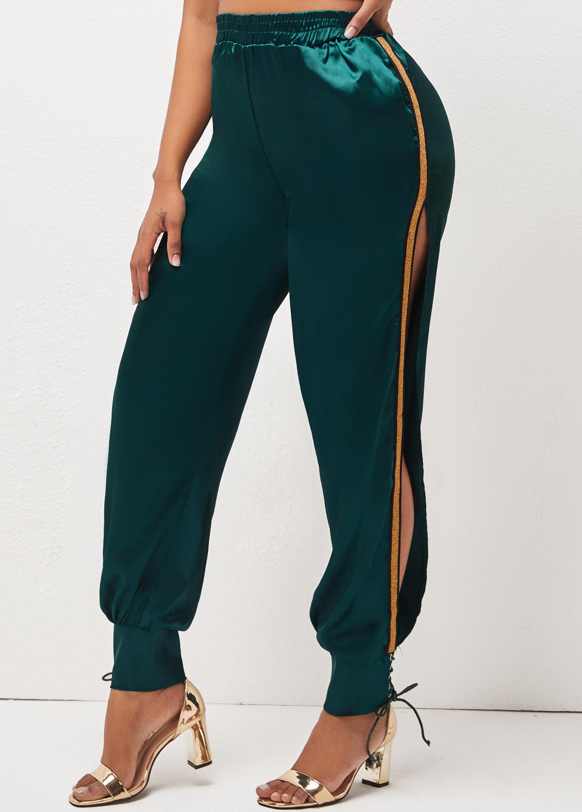 Lace Up Side Slit Dark Green Pants