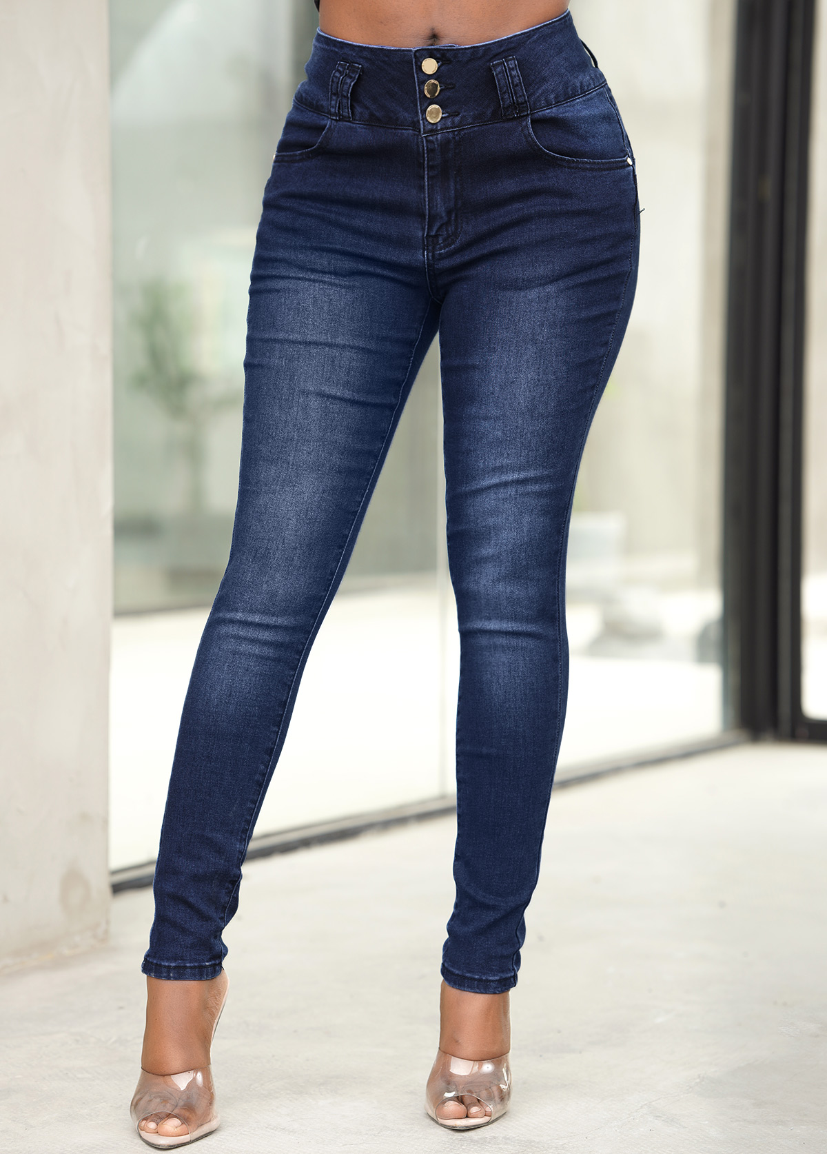 Pocket Dark Blue Mid Waist Jeans