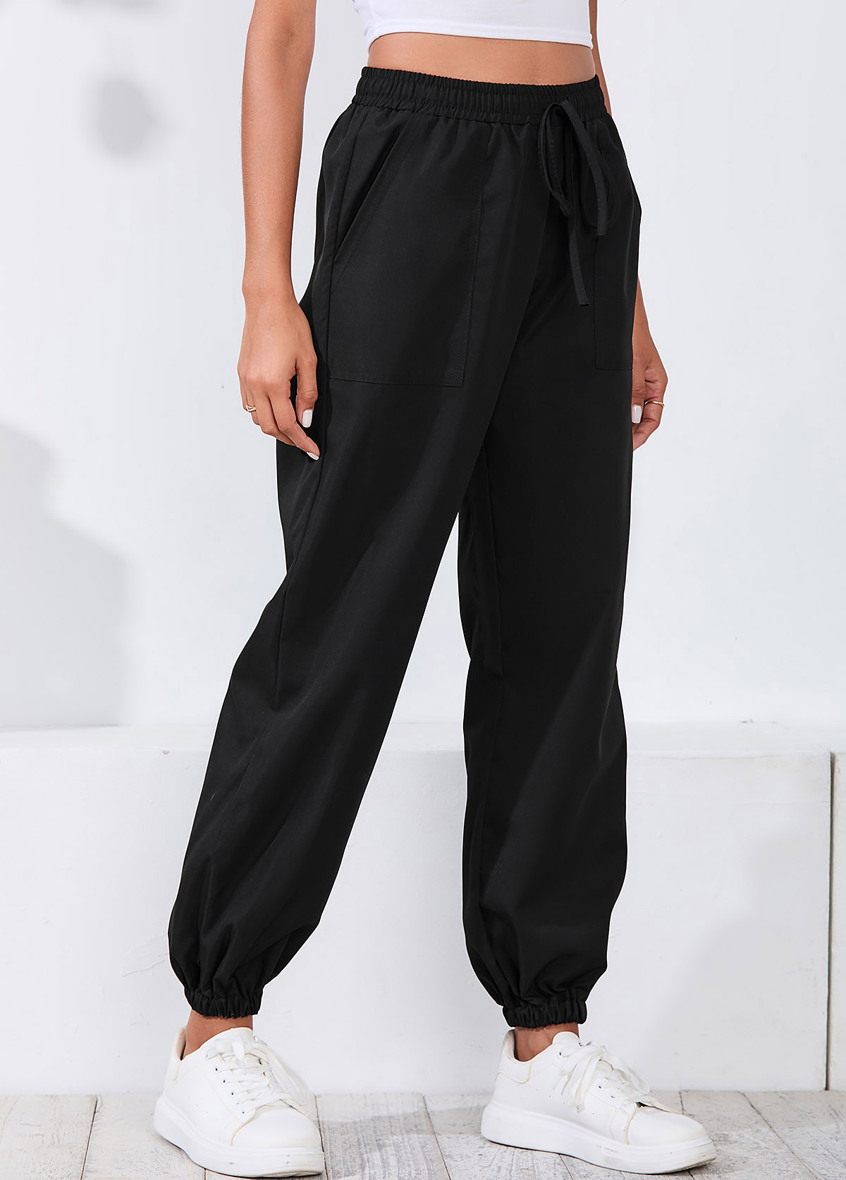 Black Drawstring Waist Double Side Pockets Pants