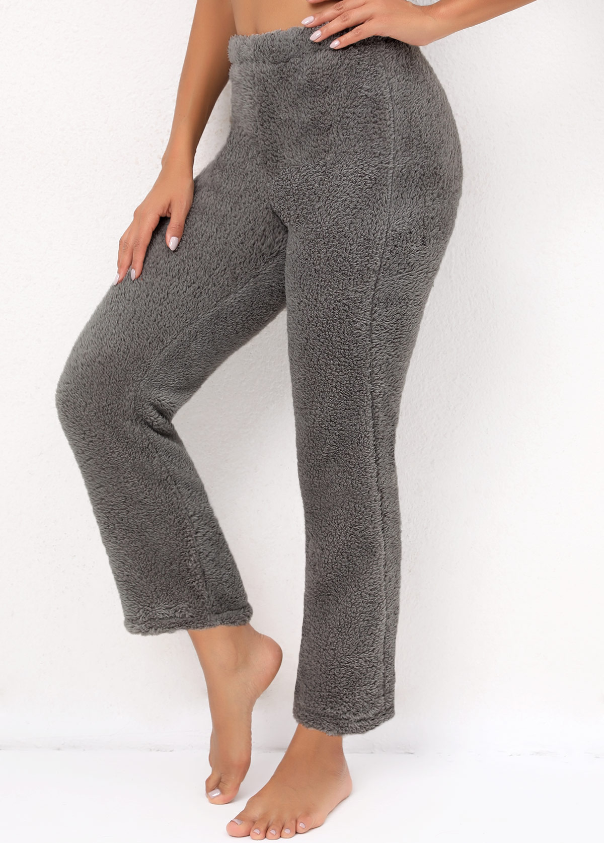 Grey Elastic Waist High Waisted Plush Pants