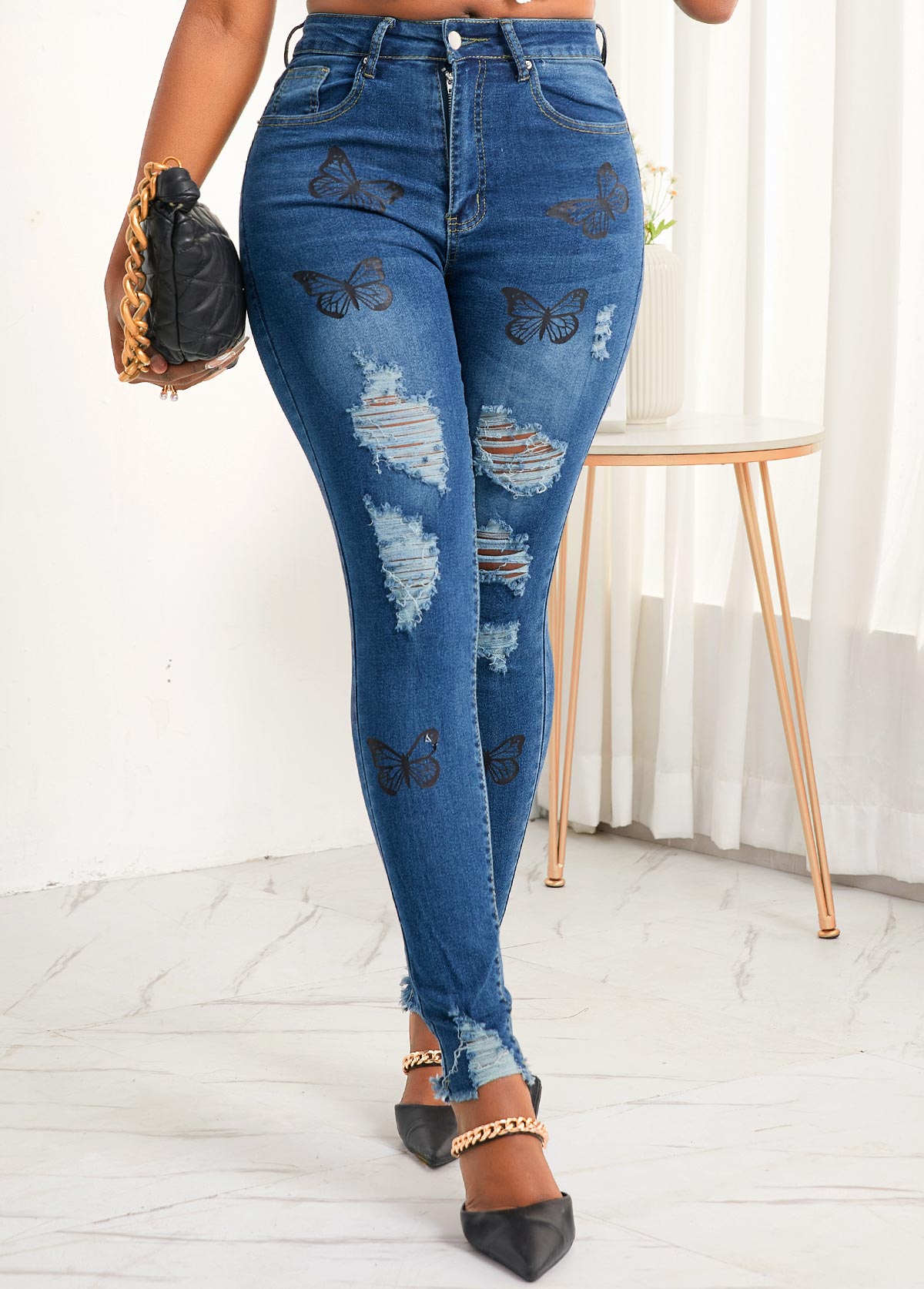 Blue Pocket Shredded Butterfly Print Jeans