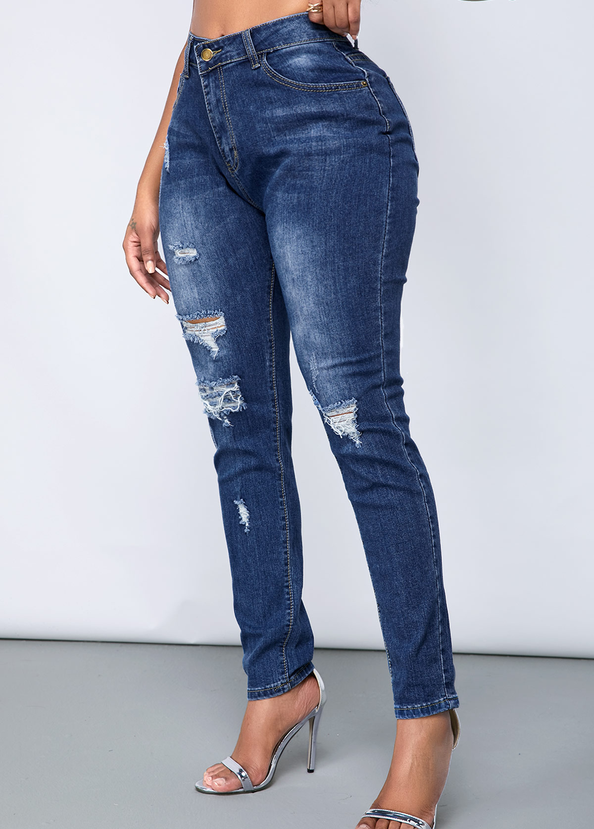 Acid Washed Shredded Slant Pocket Jeans