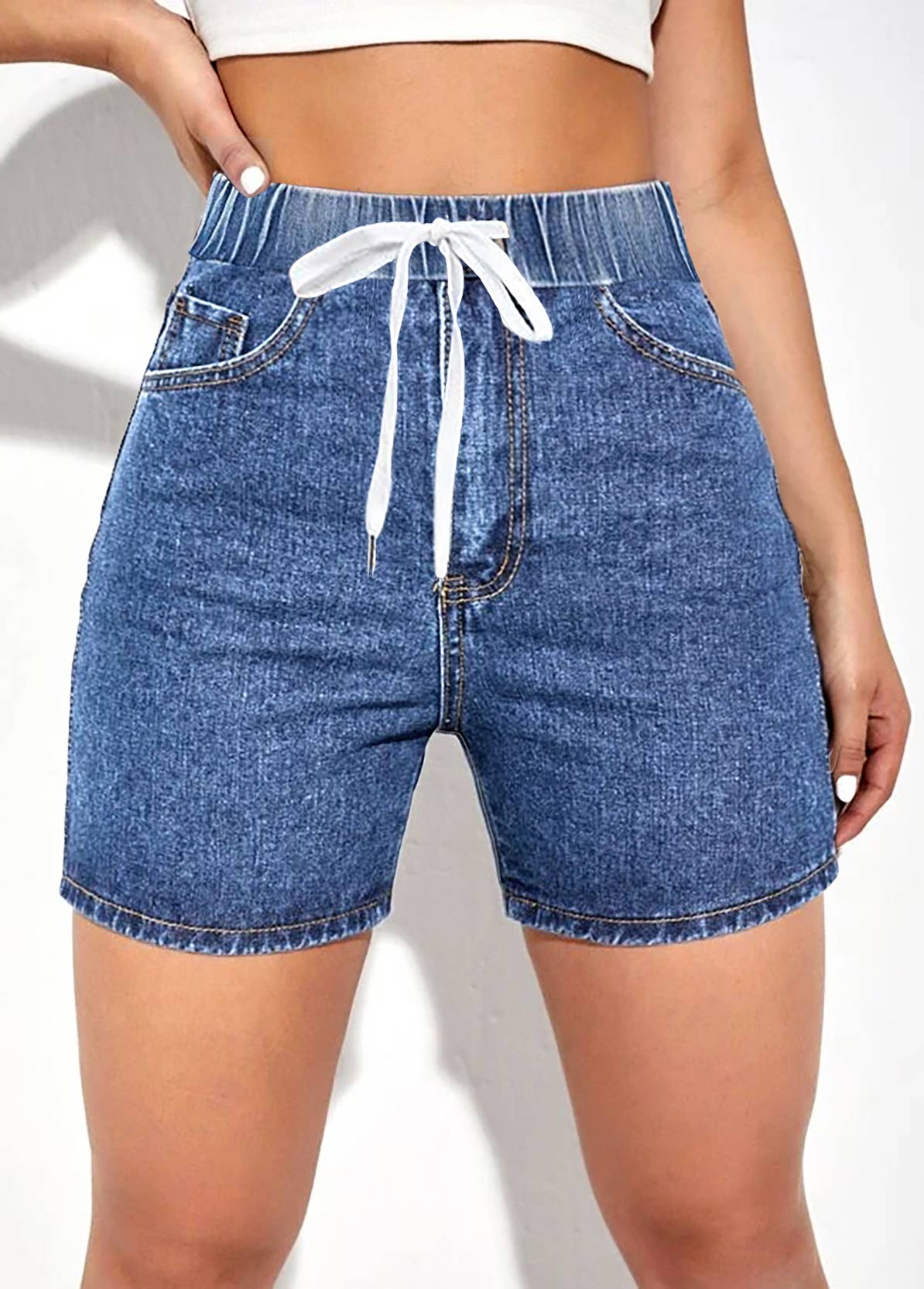 Blue High Waisted Drawstring Detail Denim shorts