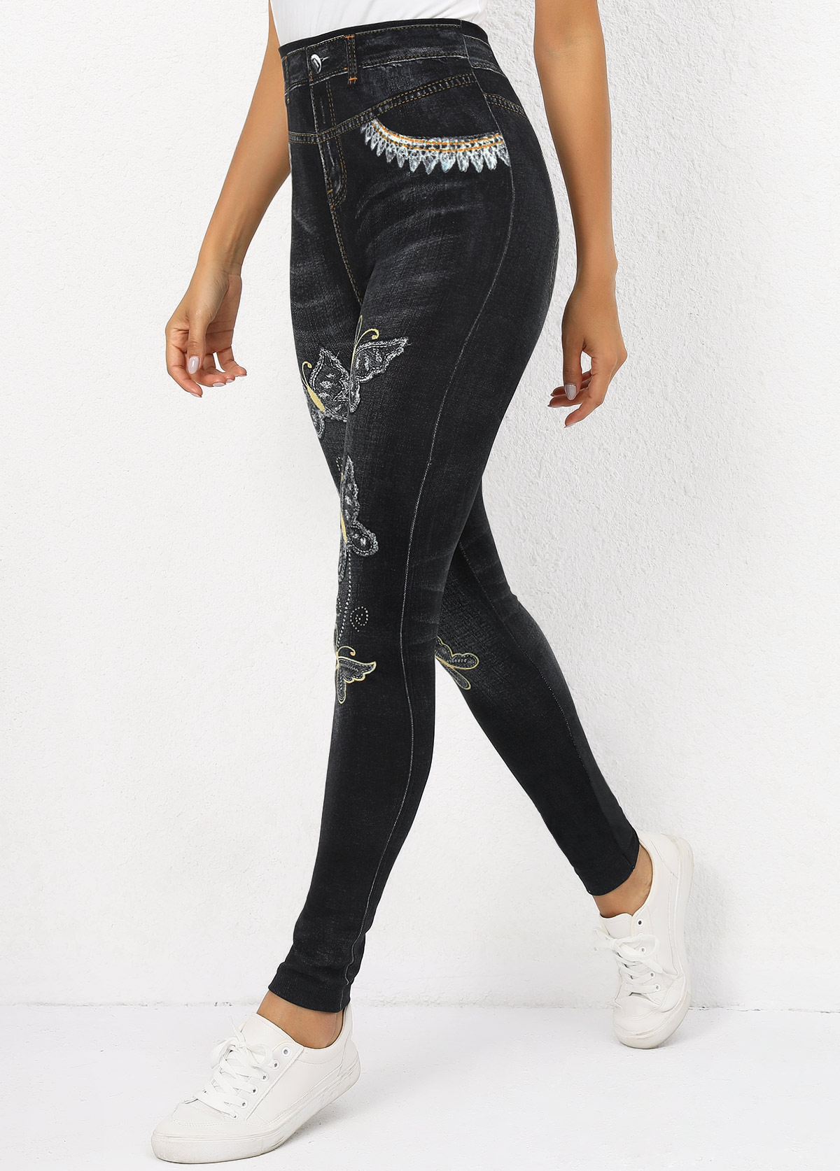 Butterfly Print Black Elastic Waist High Waisted Leggings
