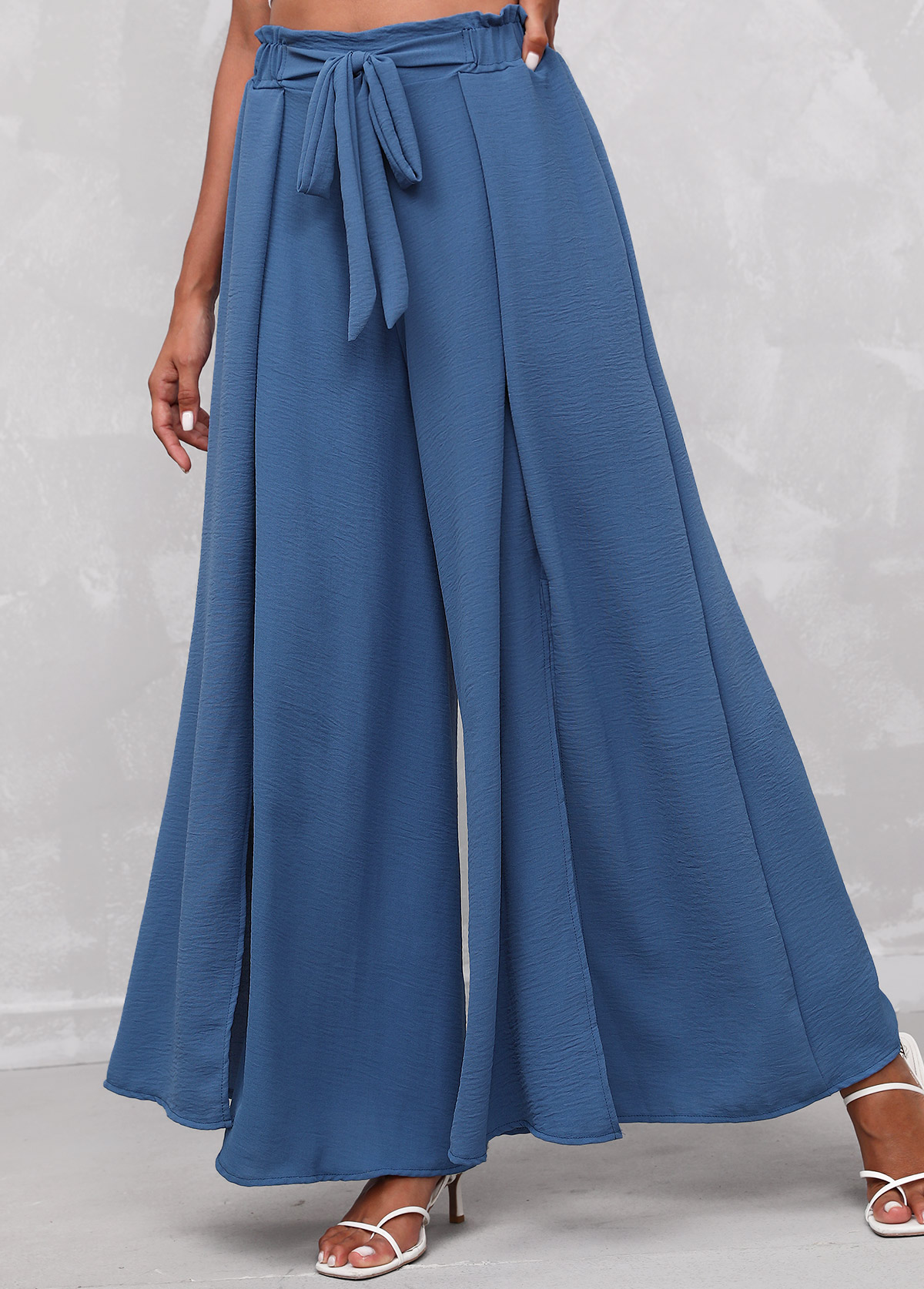 High Waisted Blue Side Slit Tie Front Pants